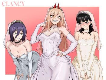 black_choker black_hair blush breasts bridal_gauntlets brown_eyes chainsaw_man choker clancy_(clancyblend) commentary cross-shaped_pupils dress english_commentary green_eyes hair_between_eyes hands_on_own_hips highres horns jewelry leaning_forward long_hair looking_to_the_side mitaka_asa orange_eyes pink_background pointing pointing_at_self power_(chainsaw_man) purple_hair red_hair red_horns reze_(chainsaw_man) ring sharp_teeth short_hair simple_background smile symbol-shaped_pupils teeth upper_body wedding_dress wedding_ring white_choker white_dress