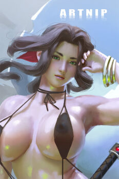 1girl aerith_gainsborough artnip bangle black_one-piece_swimsuit black_slingshot_swimsuit blue_sky bow bracelet breasts brown_hair commentary covered_erect_nipples cropped english_commentary female_focus final_fantasy final_fantasy_vii final_fantasy_vii_remake green_eyes hair_bow jewelry large_breasts lips long_hair looking_at_viewer nose one-piece_swimsuit red_bow shiny_skin sky slingshot_swimsuit solo square_enix staff strap_gap string_choker swimsuit thick_eyebrows tri_drills upper_body