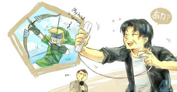 Rule 34 | 3boys, arrow (projectile), belt, black hair, blonde hair, bow (weapon), brown hair, english text, game console, gloves, green shirt, hat, left-handed, link, male focus, microphone, miyamoto shigeru, multiple boys, nintendo, playing games, playing video games, pointy ears, real life, shirt, tears, the legend of zelda, the legend of zelda: skyward sword, weapon, wii