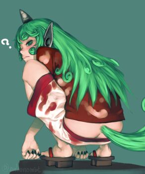 1girl ? artist_name black_nails blush butt_crack commentary_request curly_hair envenomist_(gengoroumaru) fingernails geta green_background green_eyes green_hair green_tail highres horns komainu_ears komainu_girl komano_aunn long_hair one-hour_drawing_challenge red_shirt sharp_fingernails shirt shorts simple_background single_horn solo squatting tail touhou twitter_username white_shorts