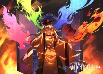 1girl absurdres album_cover album_name autumn black_hat blonde_hair cherry_blossoms commentary_request constellation_print cover detached_sleeves drum energy green_skirt hat highres instrument long_hair long_sleeves looking_at_viewer matara_okina noriko_222 orange_sleeves orange_tabard sitting skirt smile solo spring_(season) summer sun_print tabard touhou tsuzumi very_long_hair wide_sleeves winter yellow_eyes