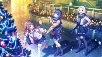 bag blonde_hair blue_eyes blue_hair boots briefcase brown_hair bush buttons christmas_lights christmas_ornaments christmas_tree coat forehead gakuen_idolmaster game_cg grey_eyes hanami_ume hand_on_own_hip hataya_misuzu high_heel_boots high_heels holding_hands idolmaster juo_sena kneehighs loafers multicolored_hair official_art open_mouth pantyhose railing red_hair scarf school_bag shoes sitting skirt snow socks stairs thighhighs umbrella white_thighhighs yellow_eyes
