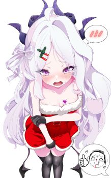 1boy 1girl absurdres ahoge black_gloves black_thighhighs blood blue_archive breasts commentary_request demon_girl demon_horns demon_wings doodle_sensei_(blue_archive) gehenna_academy_logo gloves highres hina_(blue_archive) horns long_hair looking_at_viewer low_wings nosebleed open_mouth purple_eyes rei_hinasuki santa_costume sensei_(blue_archive) small_breasts sweat thighhighs very_long_hair white_hair wings