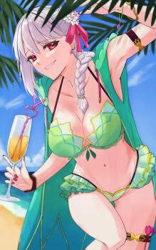 1girl absurdres beach bikini blue_sky braid breasts cleavage cloud commentary_request cup drinking_glass fate/grand_order fate_(series) fingernails green_bikini grin hair_ribbon hekituki8250 highres holding holding_cup kama_(fate) kama_(second_ascension)_(fate) kama_(swimsuit_avenger)_(second_ascension)_(fate) kama_(teenager)_(fate) large_breasts long_hair looking_at_viewer navel ocean outdoors pink_nails pink_ribbon red_eyes ribbon sand sky smile solo stomach swimsuit water
