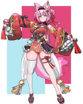 Rule 34 | 1girl, animal ears, arm bow, asymmetrical legwear, black bow, black hairband, black shoes, blush, bow, braid, braided hair rings, breasts, brown corset, china dress, chinese clothes, cl oor, closed mouth, commentary, corset, detached sleeves, double bun, dress, fishnet thighhighs, fishnets, gluteal fold, hair bun, hair intakes, hair ribbon, hair rings, hairband, hakui koyori, hakui koyori (6th costume), highres, hololive, large breasts, long sleeves, looking at viewer, maebari, medium hair, mismatched legwear, ofuda, ofuda on pussy, pink hair, pink tail, pixel art, red dress, red ribbon, red sleeves, ribbon, shoes, single fishnet legwear, sleeves past fingers, sleeves past wrists, smile, solo, tail, tassel, thigh strap, thighhighs, thighs, tongue, tongue out, virtual youtuber, white background, white thighhighs, wolf ears, wolf girl, wolf tail