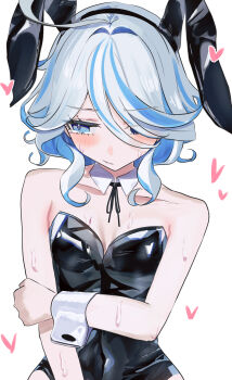 1girl absurdres ahoge animal_ear_hairband animal_ears bare_shoulders black_leotard blue_eyes blue_hair breasts commentary detached_collar drop-shaped_pupils fake_animal_ears furina_(genshin_impact) genshin_impact hair_over_one_eye hairband highres leotard looking_to_the_side mino_(minori) multicolored_hair playboy_bunny rabbit_ear_hairband rabbit_ears simple_background small_breasts solo strapless strapless_leotard streaked_hair symbol-shaped_pupils untranslatable_commentary upper_body white_background wrist_cuffs