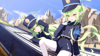 2girls :d :o arm_support armband belt black_belt blue_archive blue_armband blue_hat blue_jacket blue_shorts blue_skirt blue_sky blue_trim buttons cloud commentary_request day demon_tail dutch_angle earrings fang gloves green_hair green_halo hair_between_eyes halo hand_up hat head_tilt highres hikari_(blue_archive) jacket jewelry long_hair long_sleeves looking_at_viewer lying mountain multiple_girls nozomi_(blue_archive) on_side open_mouth outdoors pantyhose pleated_skirt pointy_ears rabbit_pose shirt shorts sidelocks single_earring sitting skin_fang skirt sky smile sunlight tail train train_conductor twintails uaru v very_long_hair white_gloves white_pantyhose white_shirt yellow_eyes