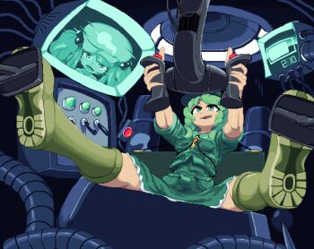 2girls battery_indicator boots breasts camouflage camouflage_dress camouflage_headwear camouflage_shirt camouflage_skirt cockpit commentary_request control_stick flat_cap frilled_skirt frills from_below green_hair green_hat green_shirt green_skirt hair_bobbles hair_ornament hat interior jewelry kawashiro_nitori key key_necklace monitor multiple_girls necklace pedal pilot_chair piloting shirt sitting skirt skirt_set sleeves_rolled_up spread_legs switch tongue tongue_out touhou tube two_side_up yado_taityou yamashiro_takane