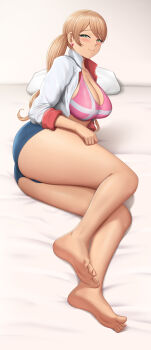 1girl :3 absurdres ass barefoot blonde_hair blue_shorts blush breasts cleavage closed_mouth collarbone commentary denim denim_shorts earrings english_commentary full_body green_eyes gundam gundam_tekketsu_no_orphans heart heart-shaped_pupils heart_earrings highres jacket jewelry lafter_frankland lafxia large_breasts long_hair long_sleeves looking_at_viewer lying midriff on_bed on_side open_clothes open_jacket paid_reward_available pillow pink_sports_bra shadow short_shorts shorts sidelocks smile solo sports_bra sweat symbol-shaped_pupils twintails variant_set white_jacket