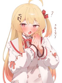 1girl ? absurdres ahoge blonde_hair bow brown_dress dress fang fortissimo hair_bow hair_ornament highres hololive hololive_dev_is jacket long_hair looking_at_viewer musical_note musical_note_hair_ornament otonose_kanade otonose_kanade_(1st_costume) own_hands_together red_bow red_eyes skin_fang solo tepenchi virtual_youtuber white_jacket