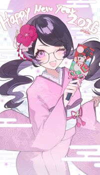 1girl 2026 :d black-framed_eyewear blush commentary_request cowboy_shot floating_hair flower furisode glasses hair_flower hair_ornament hand_fan happy_new_year highres holding holding_fan japanese_clothes kimono long_hair long_sleeves looking_at_viewer low_twintails new_year noge_tomoko one_eye_closed open_mouth persona persona_5 persona_5:_the_phantom_x pink_eyes pink_kimono purple_hair rndrnd79 sash smile solo teeth translation_request twintails upper_teeth_only white_background white_sash wide_sleeves
