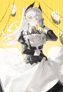 1girl absurdres ambience_synesthesia arknights arm_up bai_yao_(user_ygua7252) black_gloves black_sleeves chest_harness chinese_commentary collar collared_dress commentary_request cross cross_earrings dress earrings gloves grey_eyes grey_hair harness head_wings highres irene_(arknights) irene_(voyage_of_feathers)_(arknights) jewelry juliet_sleeves light_blush long_hair long_sleeves looking_at_viewer maid_headdress official_alternate_costume parted_lips ponytail puffy_sleeves scar scar_across_eye scar_on_face ship solo upper_body watercraft white_collar white_dress wings yellow_background