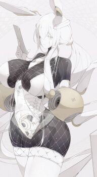 1girl absurdly_long_hair animal_ears arched_back ass bare_shoulders bodystocking bone breasts carlosgravy cleavage clipboard closed_mouth colored_skin doll_joints feet_out_of_frame female_focus fishnet_bodystocking fishnet_leotard fishnets floating floating_object gloves hair_between_eyes hair_ornament half-closed_eyes hand_on_neck hand_on_own_neck highres holding holding_clipboard holding_paper hourglass huge_ass huge_breasts jet_engine joints large_breasts legs leotard long_bangs long_hair looking_at_viewer mesh mole mole_under_eye multiple_hands original paper ponytail ribcage see-through_body see-through_clothes skeleton solo solo_focus spine standing thick_thighs thighhighs thighs transparent very_long_hair white_background white_gloves white_hair white_skin white_thighhighs wide_hips yellow_eyes