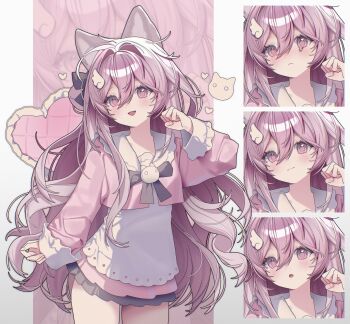 Rule 34 | 0 o s k, 1girl, :3, :d, :o, animal ears, black bow, black bowtie, blush, bow, bowtie, cat ears, cat girl, closed mouth, commentary, commission, cowboy shot, cropped shirt, double-parted bangs, dress, hair between eyes, hair bow, hair ornament, hand up, highres, long hair, long sleeves, multiple views, open mouth, original, pink background, pink eyes, pink hair, pink shirt, sailor collar, shirt, smile, white dress, white sailor collar, wing hair ornament, zoom layer