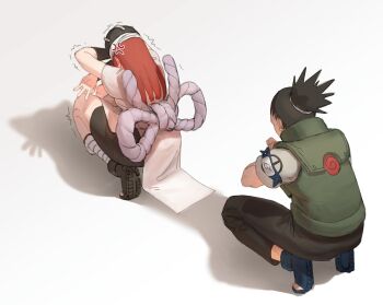 1boy 1girl absurdres anger_vein black_hair black_pants body_control cat_shadow_puppet_(meme) green_vest highres long_hair meme nara_shikamaru naruto_(series) pants red_hair shadow shirt simple_background squatting tayuya_(naruto) trembling vest wass_nonnam white_background white_shirt