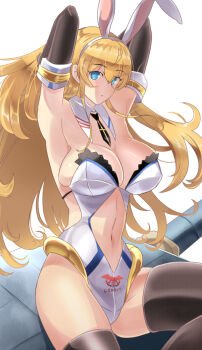 alternate_costume animal_ears armpits arms_behind_head azur_lane blonde_hair blue_eyes blush breasts cleavage clothing_cutout commentary_request elbow_gloves gloves highleg ishizu_kayu large_breasts long_hair looking_at_viewer necktie north_carolina_(azur_lane) pantyhose playboy_bunny presenting_armpit rabbit_ears sidelocks sitting skindentation stomach_cutout thighhighs