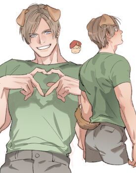 1boy animal_ears blue_eyes blush brown_hair curtained_hair dog_boy dog_ears dog_tail green_shirt grey_pants heart heart_hands jack_krauser leon_s._kennedy male_focus pants resident_evil resident_evil_4 resident_evil_4_(remake) shirt short_hair simple_background smile tail tatsumi_(psmhbpiuczn) teeth white_background