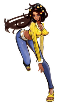 Rule 34 | 1girl, black hair, blue eyes, breasts, dahlia (pokemon), dark-skinned female, dark skin, denim, flip-flops, full body, jeans, large breasts, long hair, looking down, nintendo, open mouth, pants, pokemon, pokemon dppt, pokemon platinum, running, sandals, solo, white background, wizard898