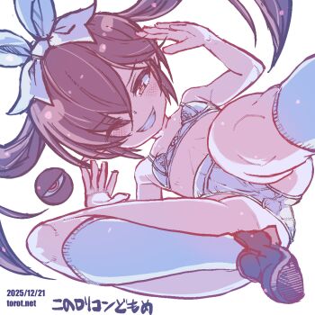 1girl backbeako_(torotei) backbeard black_hair black_shoes blush bow bra breasts commentary dated dated_commentary dutch_angle eyes_visible_through_hair gegege_no_kitarou grin hair_bow hair_over_one_eye hands_up kono_lolicon_domome loli long_hair looking_at_viewer one_eye_closed original paid_reward_available panties pointy_ears red_eyes shoes simple_background small_breasts smile socks solo torotei translated twintails underwear underwear_only v-shaped_eyebrows watermark web_address white_background white_bow white_bra white_panties white_socks