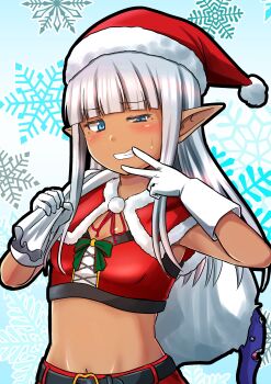 Rule 34 | 1girl, absurdres, bag, bandana, belt, black belt, blue eyes, blunt bangs, blush, breasts, capelet, dark-skinned female, dark elf, dark skin, elf, fur-trimmed headwear, fur trim, gift bag, grey hair, half-closed eye, hat, highres, holding, holding bag, karla (kono healer mendokusai), kono healer mendokusai, looking at viewer, midriff, navel, official art, over shoulder, parted lips, pointy ears, red bandana, red capelet, red hat, red skirt, santa costume, santa hat, skirt, small breasts, snowflake background, solo, stomach, tannen ni hakkou, uneven eyes, upper body, v, v over mouth