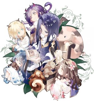 2girls 3boys :/ age_difference aged_down alkaid_mcgrath alkaid_mcgrath_(godheim) amelia_(lovebrush_chronicles) animal animal_ears antlers armchair ascot asmoran_(lovebrush_chronicles) black_boots black_cape black_wrist_cuffs blonde_hair blue_eyes blue_hair blue_shoes blunt_bangs book boots brown_boots brown_hair cape chair chinese_commentary clarence_clayden clarence_clayden_(godheim) closed_eyes closed_mouth collared_shirt colored_eyelashes commentary_request curtained_hair deer_antlers deformed demon_horns dress ear_covers ehlonna_(lovebrush_chronicles) eye_contact finger_to_mouth flower flower_trim full_body fur-trimmed_cape fur_trim gloves green_eyes grey_gloves grey_vest grin hair_between_eyes hair_flower hair_ornament hair_over_shoulder head_chain highres holding holding_animal holding_book holding_stuffed_toy horns hugging_object jewelry kemonomimi_mode leaf long_hair long_sleeves looking_at_another looking_back lovebrush_chronicles medium_hair mole mole_under_eye monocle multiple_boys multiple_girls no_mouth on_chair on_floor one_eye_closed open_book outstretched_arms pants parted_bangs pig pink_flower puffy_long_sleeves puffy_sleeves purple_cape purple_gloves purple_hair purple_vest rabbit rabbit_ears reaching reaching_towards_another reading shirt shoes shushing side_cape simple_background single_ear_cover sleeping sleeping_upright sleeveless sleeveless_dress smile snake squirrel stuffed_animal stuffed_rabbit stuffed_toy thigh_strap v-shaped_eyebrows vest wangulongdong wavy_hair white_ascot white_background white_dress white_pants white_shirt wooden_chair wrist_cuffs yellow_eyes