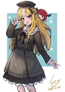 2girls :d absurdres black_hat blonde_hair commentary_request doll elf feet_out_of_frame halo hat heterochromia highres hololive hololive_english horns irys_(hololive) ld_(luna_dial398) long_hair multicolored_hair multiple_girls open_mouth pointy_ears red_hair shiranui_flare shiranui_flare_(street) smile standing star_halo straight-on streaked_hair thick_eyelashes v virtual_youtuber