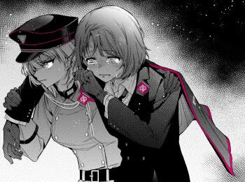 2girls aiguillette amatsumi_inori aohitsugi_nemu arm_around_shoulder asymmetrical_bangs belted_coat bob_cut breasts bruise bruise_on_face buttons coat collared_shirt crying crying_with_eyes_open dirty dirty_clothes double-breasted furrowed_brow gloves grabbing_another's_arm greyscale hair_behind_ear hair_between_eyes hair_ornament hairpin half-closed_eyes halftone hand_on_another's_shoulder hand_up hat highres hypnosis_mic hypnosis_mic:_rule_the_stage injury jacket kawauchi_(bsyesterday) kotonohatoh_uniform lapel_pin lapels leaning_on_person long_sleeves looking_ahead looking_to_the_side loose_necktie medium_breasts monochrome multiple_girls multiple_hairpins necktie notched_lapels peaked_cap peanut_mouth pink_trim profile raised_inner_eyebrows shared_cape shared_clothes shirt short_hair small_breasts small_sweatdrop spot_color suit_jacket swept_bangs tears upper_body white_background wiping_tears