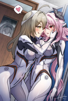 2girls absurdres ahoge blonde_hair blush bodysuit breast_press breasts brown_eyes covered_navel dasoin evernight_(honkai:_star_rail) highres honkai:_star_rail honkai_(series) indoors large_breasts long_hair looking_at_another march_7th_(honkai:_star_rail) multiple_girls open_mouth pink_hair red_eyes skin_tight standing stelle_(honkai:_star_rail) trailblazer_(honkai:_star_rail) very_long_hair white_bodysuit yuri