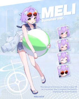 >_< 1boy ^_^ absurdres ahoge ball beachball black_eyes black_sailor_collar black_skirt blue_archive blush bracelet character_name closed_eyes closed_mouth commentary english_text hair_ornament highres holding holding_ball jacket jacket_partially_removed jewelry male_focus meli_(meliach) meliach multiple_expressions multiple_views original purple_hair red-tinted_eyewear redrawn round_eyewear sailor_collar schale_logo shirt short_hair side_slit skirt sleeveless sleeveless_shirt slippers standing star_(symbol) star_hair_ornament tinted_eyewear white_jacket white_shirt yellow_eyes