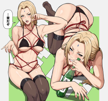 1girl absurdres all_fours ass bikini black_bikini blonde_hair bottle breasts brown_eyes cleavage commentary_request facial_mark forehead forehead_mark hair_intakes highres large_breasts long_hair looking_at_viewer low_twintails mikey_pie multiple_views naruto_(series) open_mouth sake_bottle shibari sitting speech_bubble swimsuit thighhighs translation_request tsunade_(naruto) twintails v-shaped_eyebrows