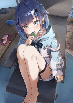 Rule 34 | 1girl, absurdres, barefoot, blue hair, blue hoodie, blue nails, blush, chair, commentary request, flower, food, garter straps, grey eyes, hair flower, hair ornament, highres, holding, holding food, hood, hood down, hoodie, indoors, long sleeves, looking at viewer, medium hair, mochi, on chair, sakahana, sakura mochi, sitting, solo, thigh strap, tsumugi kokage, virtual youtuber, vspo!, wagashi