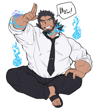 Rule 34 | 1boy, absurdres, bara, beard, black hair, blue fire, chinstrap beard, commentary request, crossed legs, dark-skinned male, dark skin, facial hair, facial scar, fire, forked eyebrows, full body, grin, highres, large pectorals, looking at viewer, male focus, mature male, muscular, muscular male, necktie, one eye closed, pectorals, pontaro, ponytail, sandayu (housamo), scar, scar on cheek, scar on face, sitting, sleeves rolled up, smile, solo, speech bubble, thick eyebrows, tokyo houkago summoners, translation request