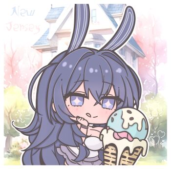 +_+ 1girl ai-assisted ai-generated_background alternate_costume animal_ears azur_lane blue_hair blush border bracelet breasts character_name chibi chibi_only closed_mouth commentary crossed_bangs day dress fake_animal_ears food futaba_(anti_clockwise) hair_between_eyes hair_intakes heart highres holding holding_food holding_ice_cream holding_ice_cream_cone house ice_cream ice_cream_cone jewelry large_breasts licking_lips long_hair new_jersey_(azur_lane) outdoors oversized_food oversized_object pink_skirt rabbit_ears skirt solo symbol-only_commentary tongue tongue_out tree very_long_hair white_border white_dress