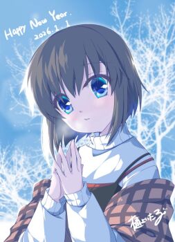 Rule 34 | 1girl, 2026, blue eyes, brown hair, brown shawl, commentary request, happy new year, hinoue itaru, kanon, looking at viewer, misaka shiori, new year, plaid clothes, plaid shawl, shawl, short hair, solo, steepled fingers, sweater, upper body, white sweater