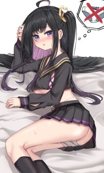 1girl absurdres ahoge ass black_hair black_shirt black_skirt black_socks blush breasts chitose_(stella_sora) highres long_hair long_sleeves looking_at_viewer lying medium_breasts multicolored_hair on_side panties pleated_skirt purple_eyes rate_aato school_uniform shirt skirt socks solo stella_sora underboob underwear