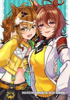 Rule 34 | 2girls, agnes tachyon (tach-nology) (umamusume), agnes tachyon (umamusume), ahoge, animal ears, bandeau, braid, breasts, brown hair, chemical structure, commentary, ear covers, ear ornament, earrings, hair between eyes, hair ornament, hairclip, half up braid, half up half down braid, highres, horse ears, horse girl, horse tail, huge ahoge, jacket, jewelry, jungle pocket (champion's battle cry) (umamusume), jungle pocket (umamusume), lab coat, long sleeves, looking at viewer, medium hair, multiple girls, navel, necktie, notched ear, open clothes, open mouth, purple shirt, red eyes, satou ramune, shirt, short hair, short necktie, single earring, single loose sock, skirt, sleeves past fingers, sleeves past wrists, smile, sweater, symbol-only commentary, tail, test tube, umamusume, wolf cut, yellow eyes, yellow jacket, yellow sweater