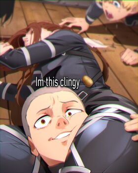 2boys absurdres armin_arlert black_hair blonde_hair blue_eyes brown_hair buzz_cut chromatic_aberration commentary connie_springer crying emoji english_commentary english_text grey_hair head_between_thighs highres i&#039;m_this_clingy_(meme) khyle. looking_at_another looking_at_viewer meme multiple_boys open_mouth potato sasha_blouse shingeki_no_kyojin short_hair tears unconscious very_short_hair wide-eyed