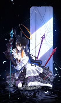 1girl absurdres ascot black_dress blue_eyes boots bright_pupils center-flap_bangs closed_mouth commentary crinoline diamond_hairband double_bun dress dress_flower english_commentary falling_feathers feathers flower gauntlets gradient_hair hair_bun hair_flower hair_ornament halo highres hololive hololive_english j4ngaro kneeling long_hair looking_at_viewer mole mole_under_eye multicolored_hair ninomae_ina'nis ninomae_ina'nis_(ina_the_hero) official_alternate_costume official_alternate_hairstyle open_clothes open_dress orange_hair platform_boots pointy_ears purple_hair ripples shade single_gauntlet solo takodachi_(ninomae_ina'nis) tentacle_hair thigh_boots traditional_halo very_long_hair virtual_youtuber white_ascot white_dress white_flower white_pupils yellow_halo