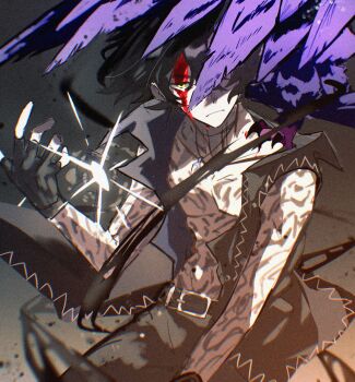 1boy aonano_db belt black_belt black_gloves black_hair black_pants black_vest blood blood_from_forehead commentary_request devil_may_cry_(series) devil_may_cry_5 fingerless_gloves frown full-body_tattoo gloves griffon_(devil_may_cry_5) highres jewelry male_focus necklace no_shirt one_eye_covered pants short_hair solo tattoo v_(devil_may_cry) vest wind yellow_eyes