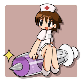 1girl :d amazake_(manuke_no_oukoku) anime_coloring bad_source blush border brown_background brown_hair buttons coat cross drop_shadow flats full_body grey_eyes hat knee_blush large_syringe legs_together medium_hair name_tag no_nose nurse_cap open_mouth original oversized_object plus_sign plus_sign_print print_hat purple_liquid red_cross shoes short_sleeves simple_background sitting smile solo sparkle syringe tongue v-shaped_eyebrows white_border white_coat white_shoes white_sleeves