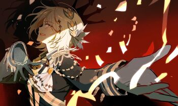 1girl absurdres black_jacket blonde_hair chinese_commentary commentary_request confetti crown epaulettes hand_on_own_chest hands_up hasumi_leia highres jacket long_sleeves looking_at_viewer mahou_shoujo_no_majo_saiban mixed-language_commentary open_mouth outstretched_arm profile red_background sash shadow short_hair smile smzchika solo upper_body yellow_eyes