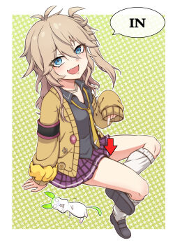 Rule 34 | 1girl, absurdres, arrow (symbol), bandaid, big mouse, black shirt, black shoes, blue eyes, blush, brown hair, cardigan, collared shirt, commentary request, creature, fang, figure four sitting, floral background, full body, hair between eyes, highres, invisible chair, jewelry, kasukabe tsumugi, loafers, long hair, long sleeves, looking at viewer, magatama, magatama necklace, messy hair, miniskirt, mole, mole under eye, necklace, necktie, one side up, open cardigan, open clothes, open mouth, plaid clothes, plaid skirt, pointing, pointing down, purple skirt, shirt, shoes, sitting, skin fang, skirt, smile, socks, solo, utau, voiceroid, voicevox, white socks, yellow cardigan, yellow necktie, zundamon, zundamon (utau)