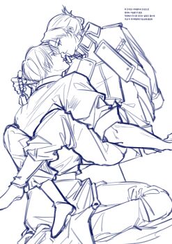 1012_t_tr 1boy 1girl absurdres collarbone commentary_request couple dog_tags earrings fullmetal_alchemist hetero highres holding holding_jewelry holding_necklace jacket jacket_on_shoulders jewelry kneeling korean_commentary leg_lock looking_at_another medium_hair military_jacket military_uniform necklace necklace_in_mouth pants riza_hawkeye roy_mustang short_hair sketch sleeves_rolled_up stud_earrings updo white_background