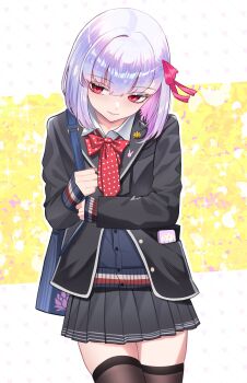 1girl absurdres alternate_costume bag black_jacket bow bowtie cellphone colored_inner_hair commentary fate/grand_order fate_(series) hair_ribbon highres jacket kama_(fate) kaworu13 multicolored_hair phone pink_hair red_bow red_bowtie red_eyes ribbon school_uniform short_hair shoulder_bag skindentation skirt smartphone sweater symbol-only_commentary thighhighs thighs white_hair zettai_ryouiki