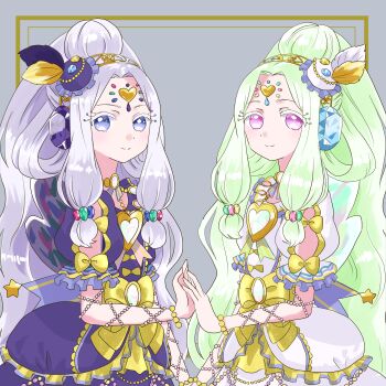 Rule 34 | 2girls, absurdres, blue eyes, forehead jewel, green hair, highres, idol clothes, janis (pripara), jewlie (pripara), long hair, looking at viewer, madori (1ldkplanet), multiple girls, pretty series, pripara, purple eyes, purple hair, smile, very long hair