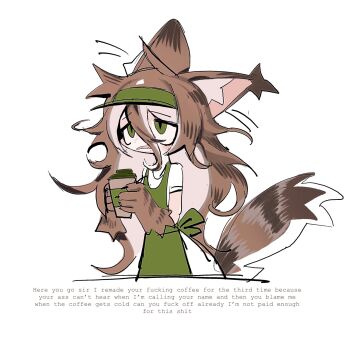 Rule 34 | 1girl, animal ear fluff, animal ears, animal hands, apron, barista, brown hair, cat ears, cat girl, cat tail, claws, commentary, cup, english commentary, english text, exhausted, green apron, green eyes, hair between eyes, highres, holding, holding cup, long hair, original, simple background, sketch, skullsideart, solo, tail, truth, upper body, visor cap, white background