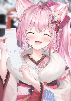 1girl :3 :d absurdres animal_ear_fluff animal_ears antenna_hair blush closed_eyes commentary fang flower hair_flower hair_ornament hakui_koyori hakui_koyori_(new_year) highres holding holding_paper hololive japanese_clothes kimono long_hair official_alternate_costume official_alternate_hairstyle open_mouth paper pink_hair ponytail red_kimono smile solo virtual_youtuber waniwani_(wasabiwaniwani) wolf_ears wolf_girl