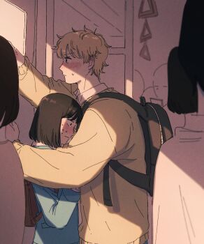 1boy 1girl backpack bag black_hair blonde_hair blue_jacket blush bob_cut dabln_hl hetero highres iwakura_mitsumi jacket long_sleeves people school_uniform shima_sousuke short_hair skip_to_loafer sunlight sweatdrop sweater train_interior yellow_sweater