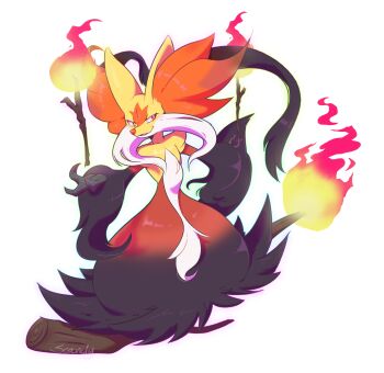 1other absurdres animal_ear_fluff animal_ears black_fur broom broom_riding delphox fire floating floating_object fox fox_ears furry gen_6_pokemon highres mega_delphox mega_pokemon multicolored_fur nintendo pokemon pokemon_(creature) pokemon_focus red_eyes red_fur red_nose scandy smile snout solo white_fur yellow_fur