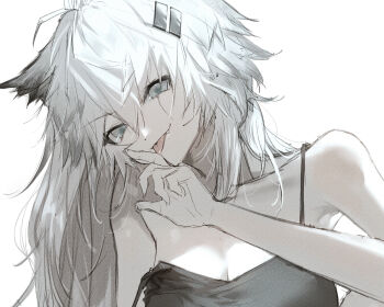 1girl animal_ear_fluff animal_ears arknights bare_arms bare_shoulders black_camisole breasts camisole close-up grey_eyes grey_hair hair_ornament hairclip highres lappland_(arknights) long_hair looking_at_viewer medium_breasts pppmepl scar scar_across_eye scar_on_face smile solo wolf_ears wolf_girl